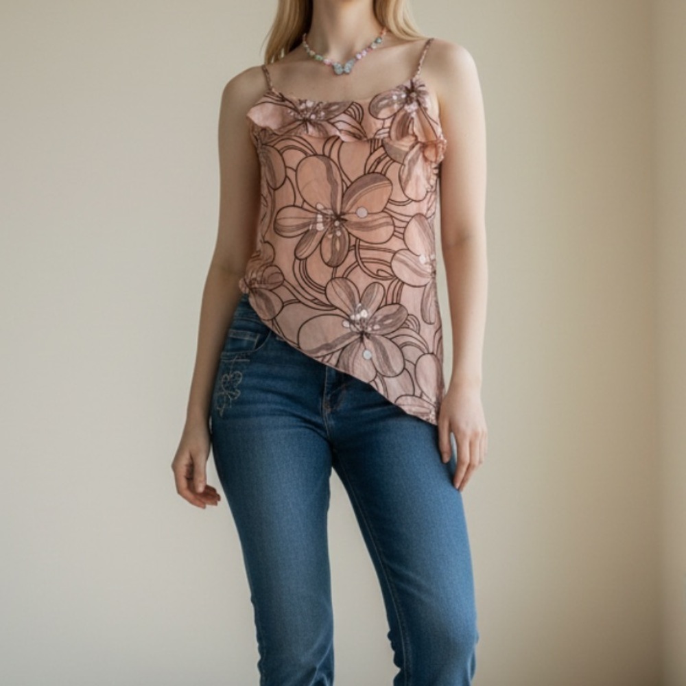 Y2K Silk Trina Turk Pink Floral One Shoulder Asymmetrical Top XS Petite - Picture 2 of 7